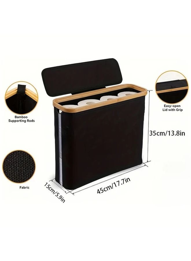 Beige Bamboo Toilet Paper Holder With Lid Dual Compartment Bathroom Organizer Storage Basket - Image 4